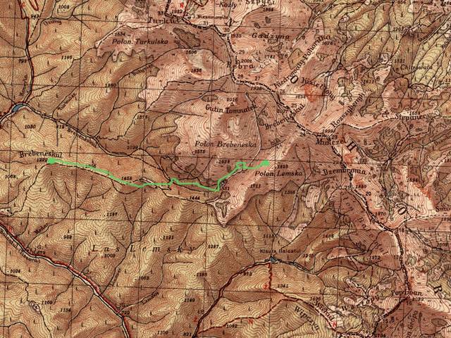 foto č. 010 - Podle této staré mapy jsme nejspíš přespali na kopci s názvem Brebeněskul, čili s názvem stejným jako má vrch na černohorském hřebenu, tento měl však nadmořskou výšku jen 1222m.
