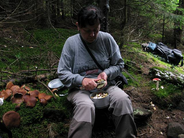foto č. 015 - Ilča krájí houby, Vašek už vaří rejži. Výsledný mišmaš byl ještě ochucen vepřovou konzervou.

