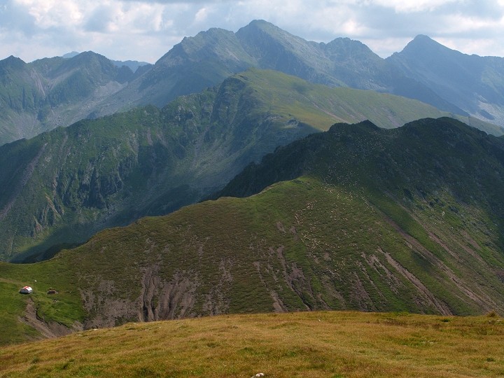 foto č. 025 - Pohled ze Scary k východu. Vlevo dole je sedlo Şaua Scǎrii a refugui. Za bezejmeným vrcholem ve stínu, posetým stádem oveček, je Vf. Şerbota 2331m. A úplně vzadu uprostřed Vf. Negoiu 2536m a vzadu vpravo Vf. Lespezi 2517m.
