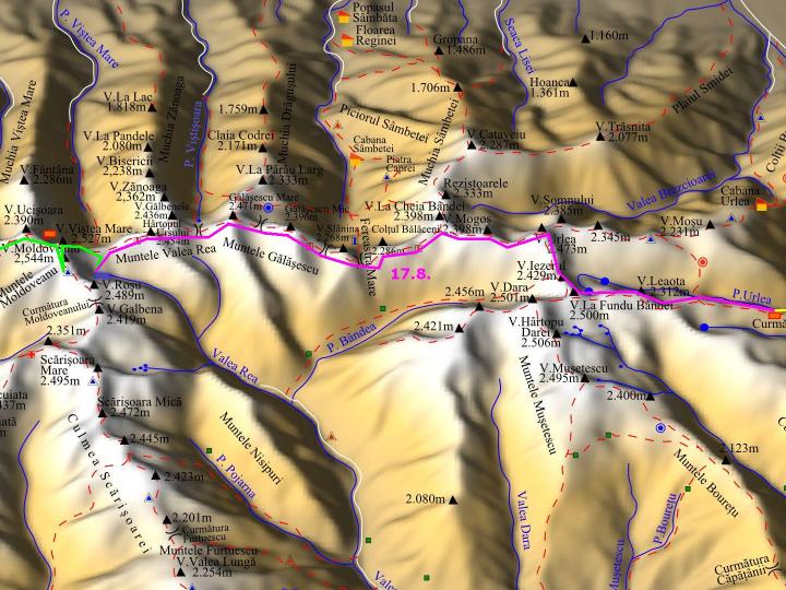 foto č. 113 - Mapa dnešní trasy. Pozvolna opustíme centrální skalnatou část a nasuneme se do východní části Fagaraše, kde převažují oblé travnaté pastviny.
