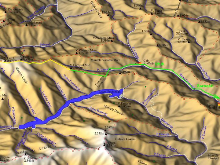 foto č. 136 - Mapa trasy, kudy slézáme z hor do civilizace k městu Zărneşti.
